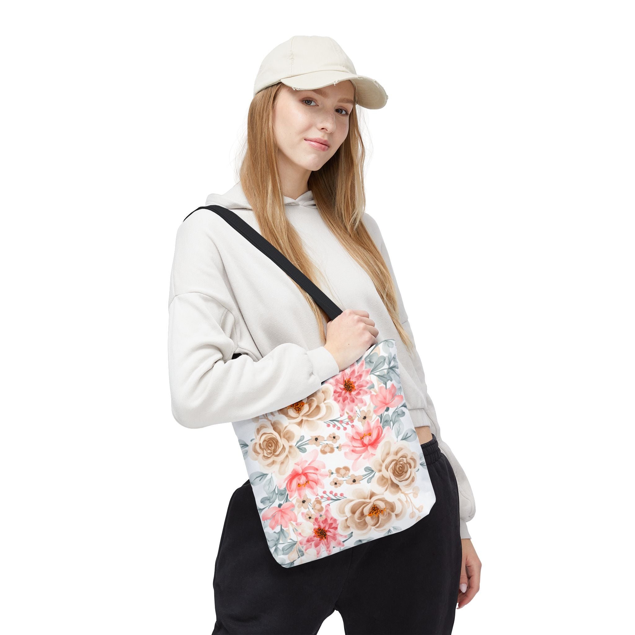 Floral Watercolor Tote Bag — Pink & Beige Garden Roses All-Over Print