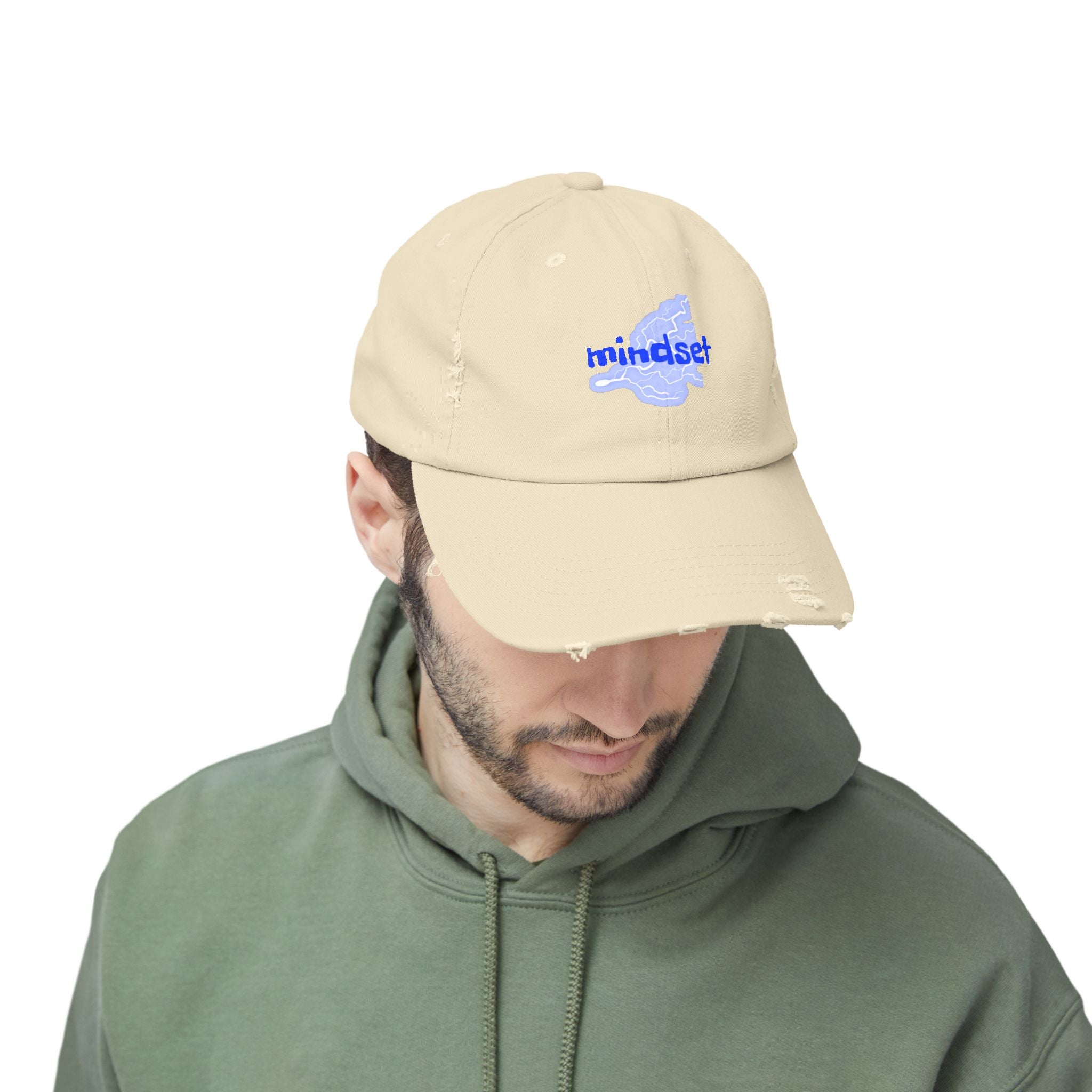 Mindset Distressed Baseball Cap – Washed Vintage Dad Hat with Blue Brain Graphic