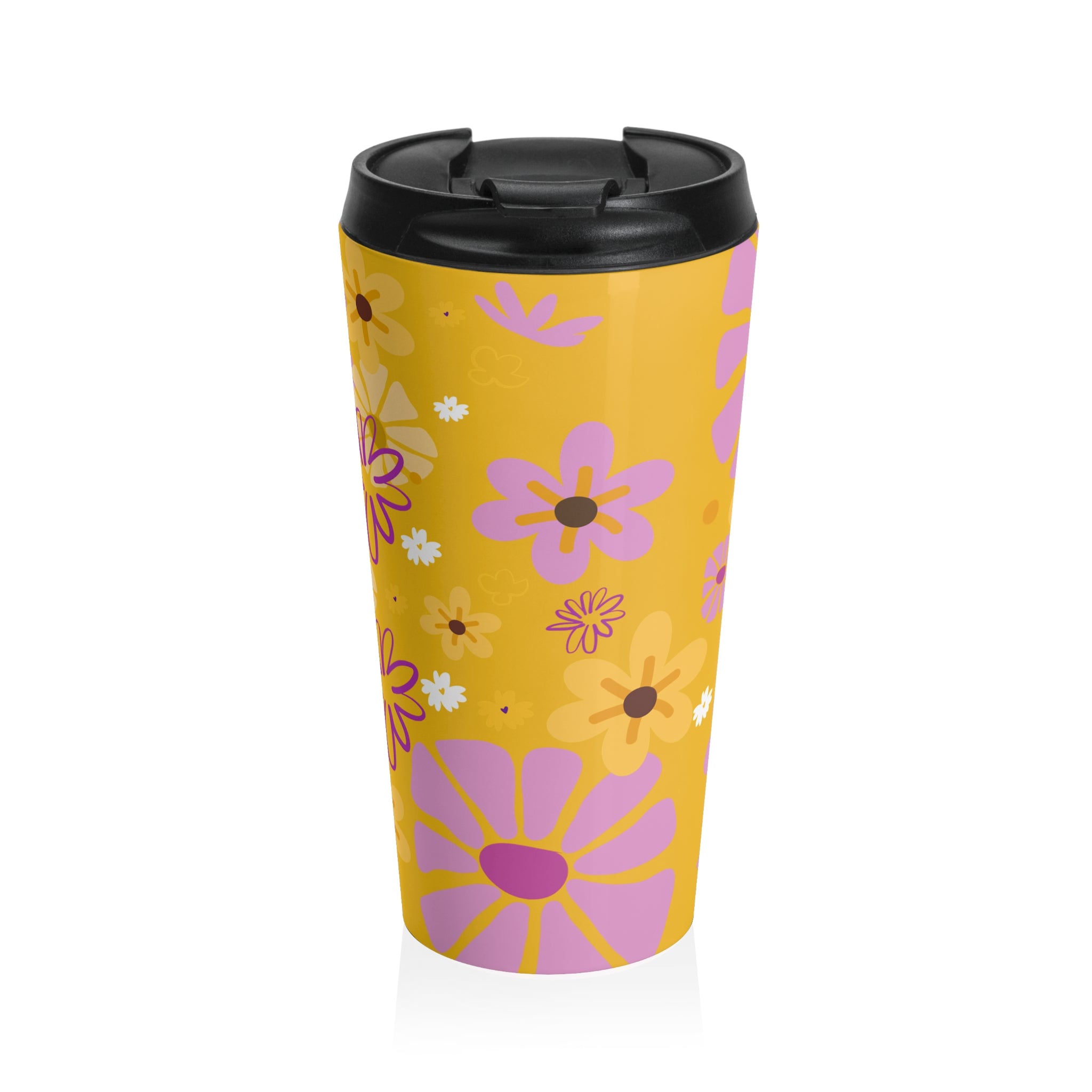 Floral Retro Travel Mug — Yellow Pink Daisy Stainless Steel Tumbler