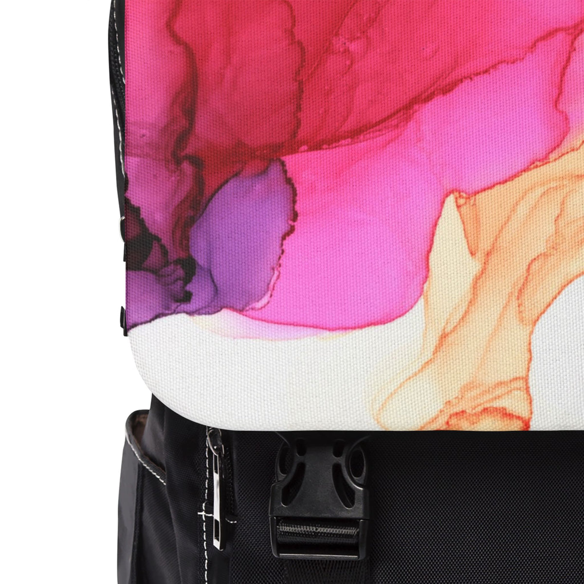 Watercolor Pink & Gold Flap Backpack — Abstract Ink Art Shoulder Backpack