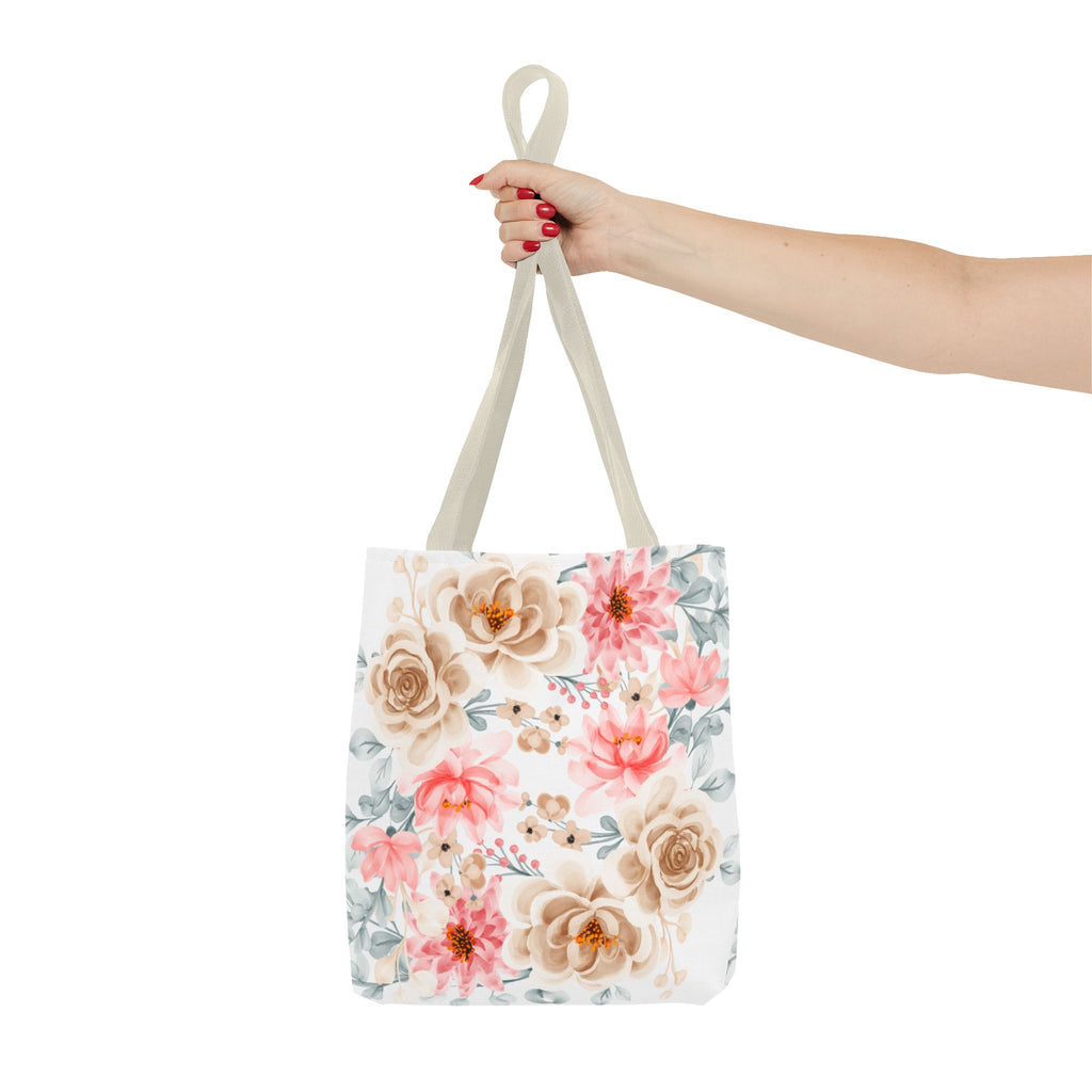 Floral Watercolor Tote Bag — Pink & Beige Garden Roses All-Over Print