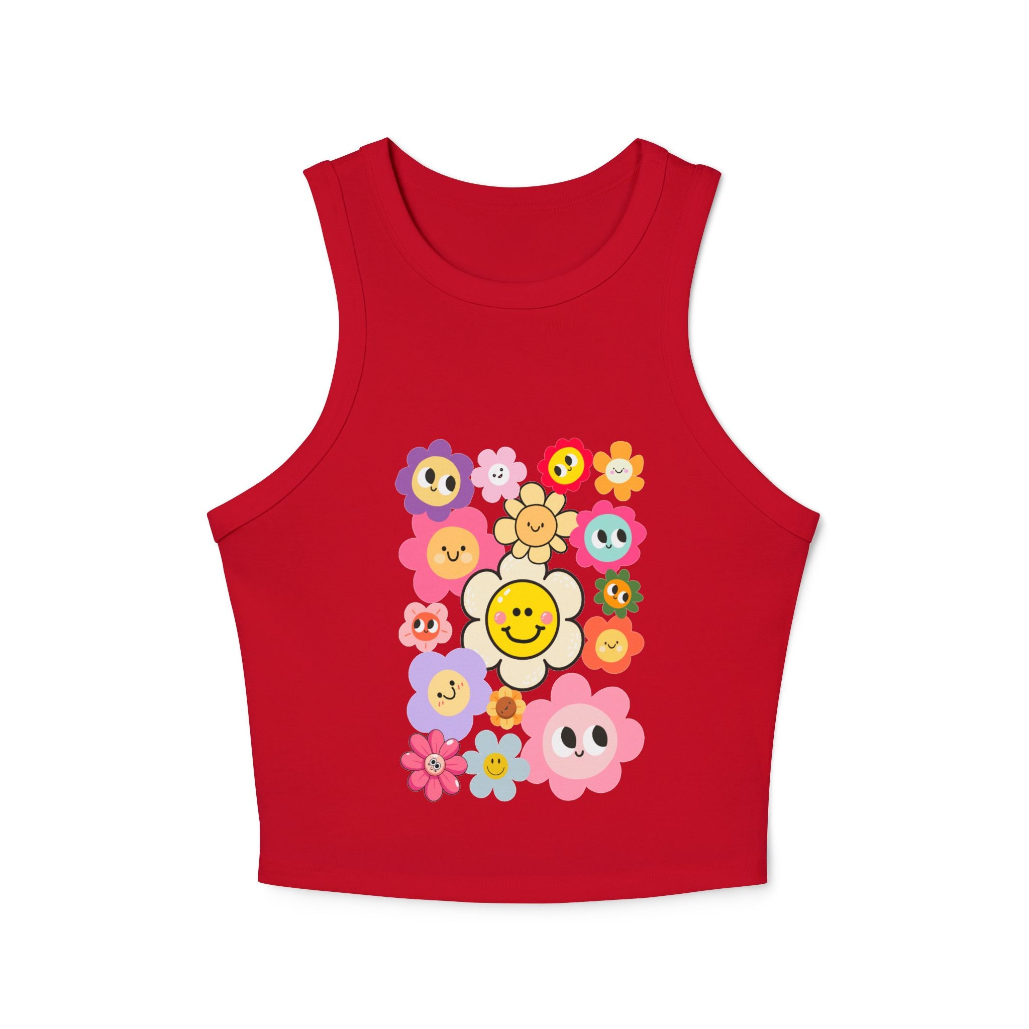 Smiley Flower Crop Tank — Cute Floral Smiley Graphic Racerback Tank