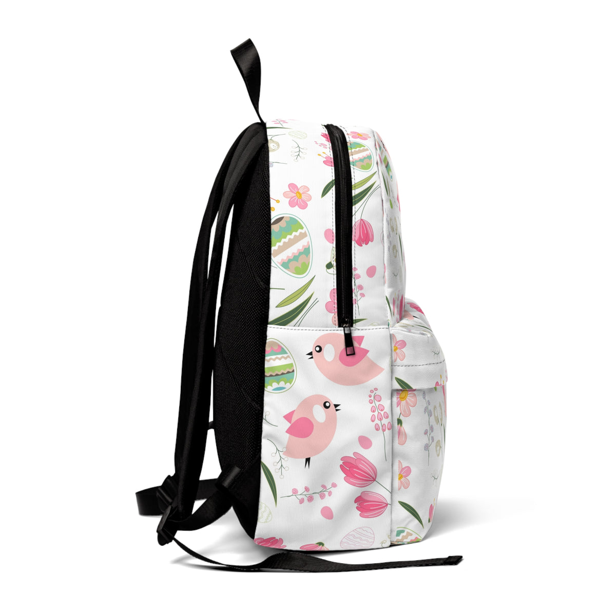 Spring Floral Bird Backpack — Cute Pink Tulip & Easter Egg Pattern