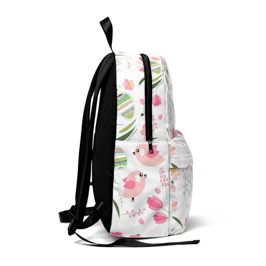 Spring Floral Bird Backpack — Cute Pink Tulip & Easter Egg Pattern