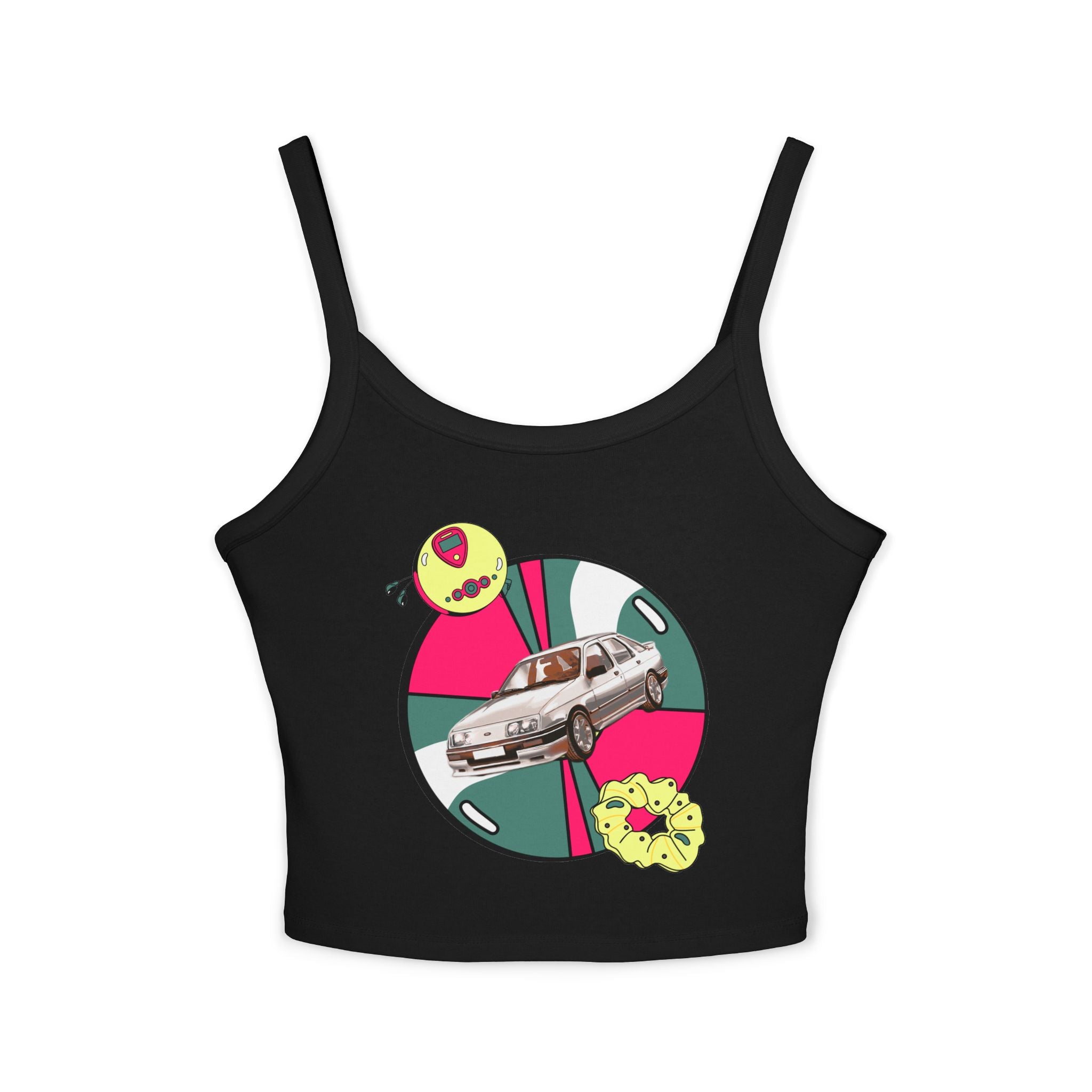 Retro Car Crop Tank Top — Vintage Sedan Graphic Spaghetti Strap Top