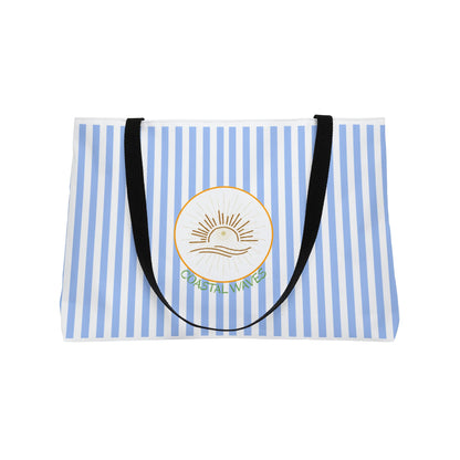 Weekender Tote Bag — Blue Striped Beach Tote with Sunrise Emblem