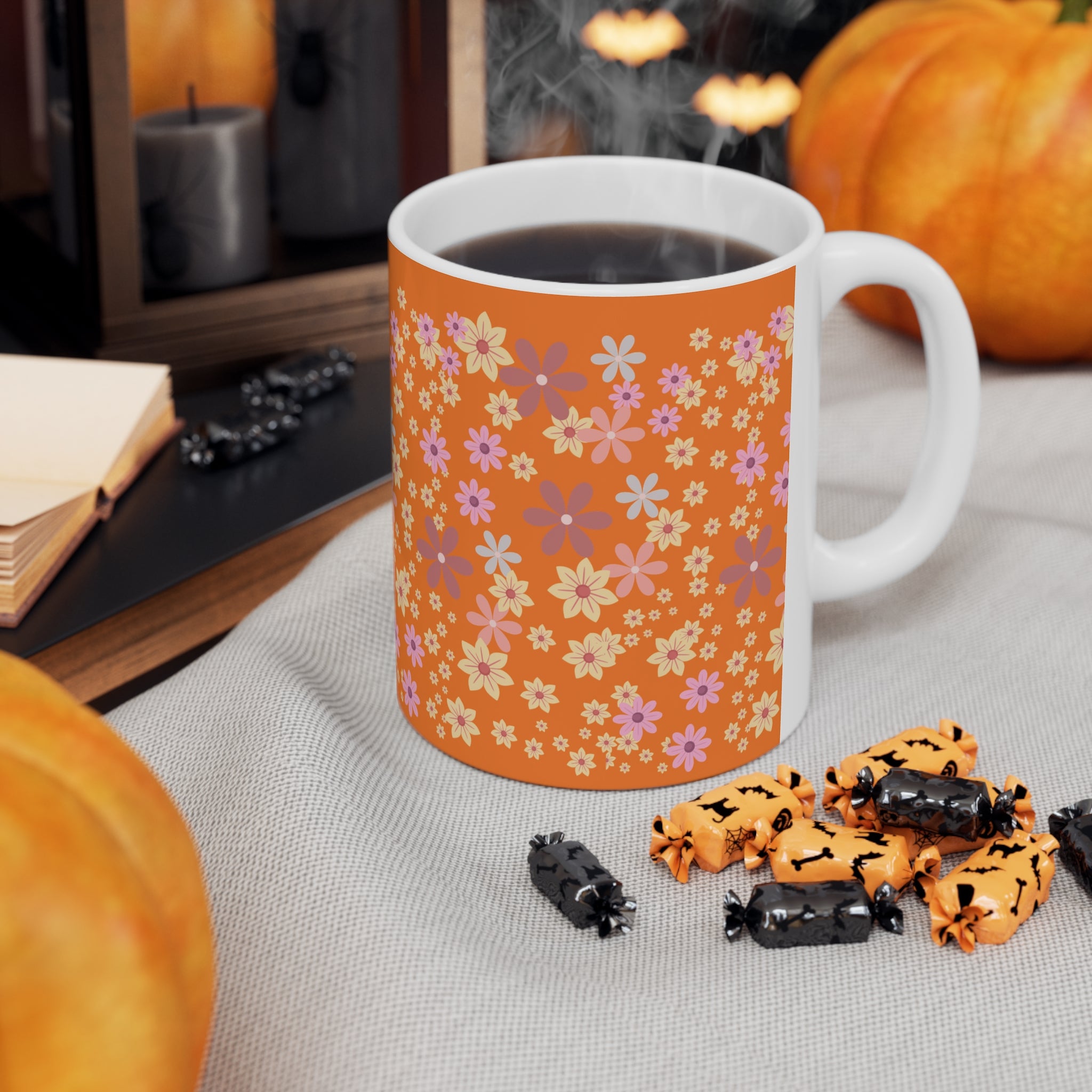 Orange Retro Floral Coffee Mug — 11oz & 15oz Ceramic