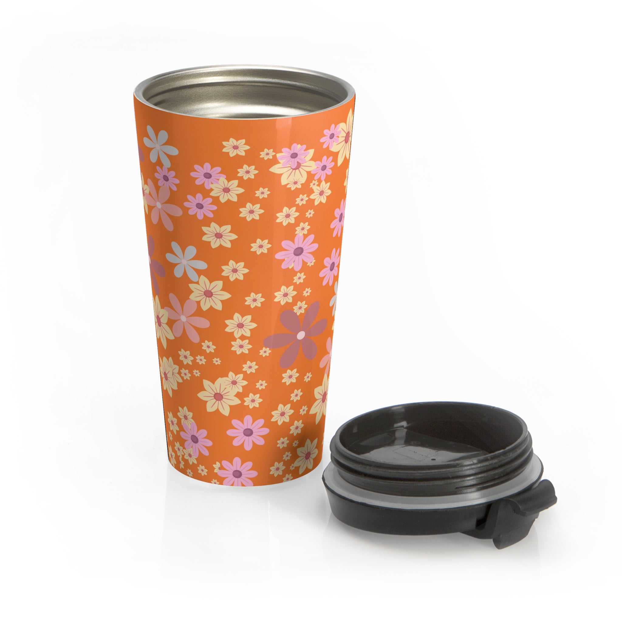 Retro Floral Orange Stainless Steel Travel Mug — 70s Daisy Pattern, Insulated Coffee Cup