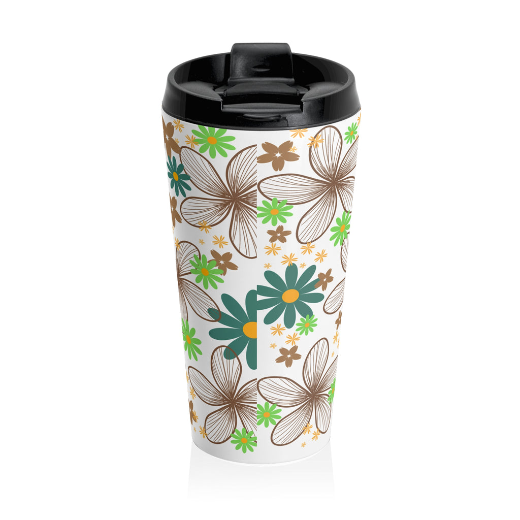 Floral Stainless Steel Travel Mug — Green & Brown Retro Flower Pattern