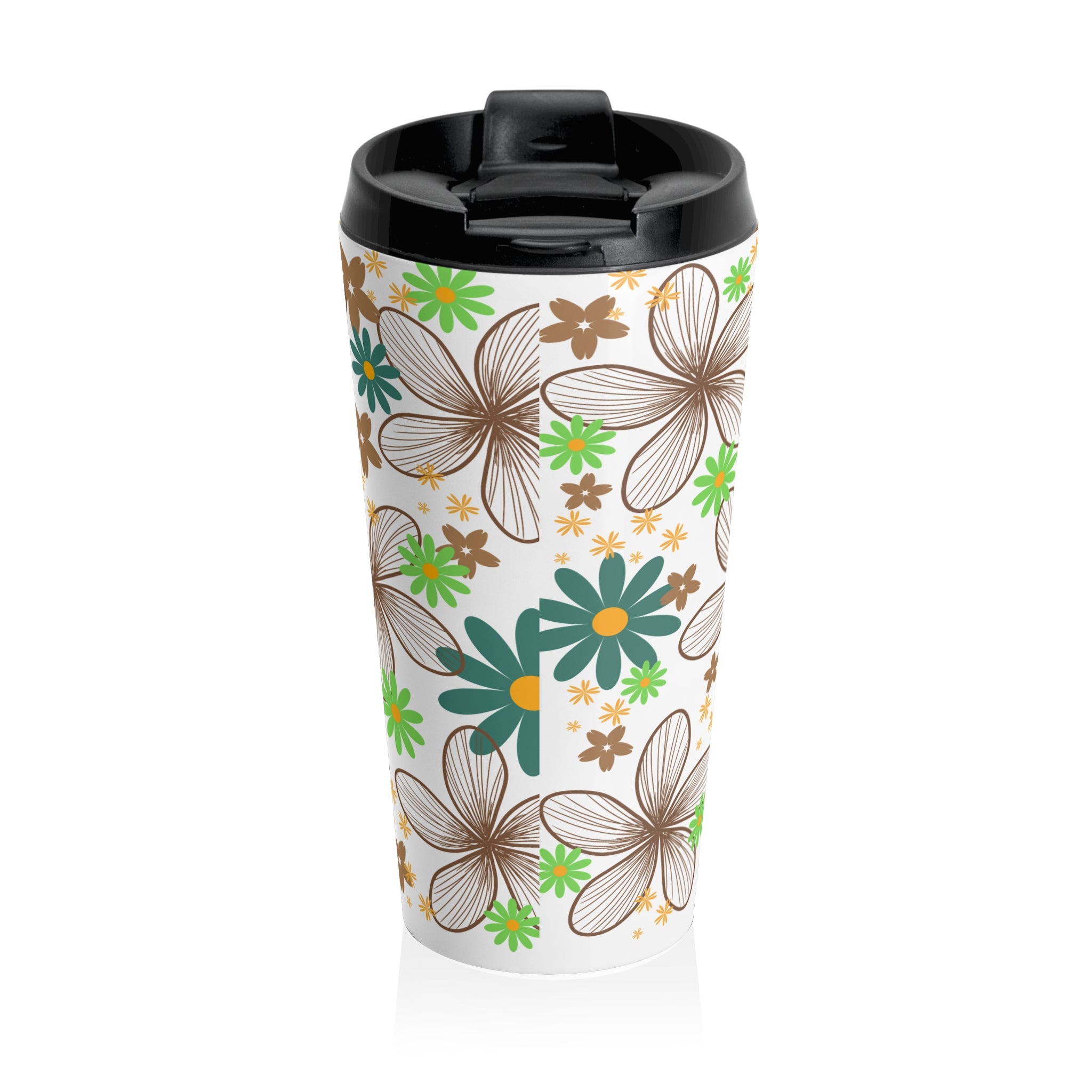 Floral Stainless Steel Travel Mug — Green & Brown Retro Flower Pattern
