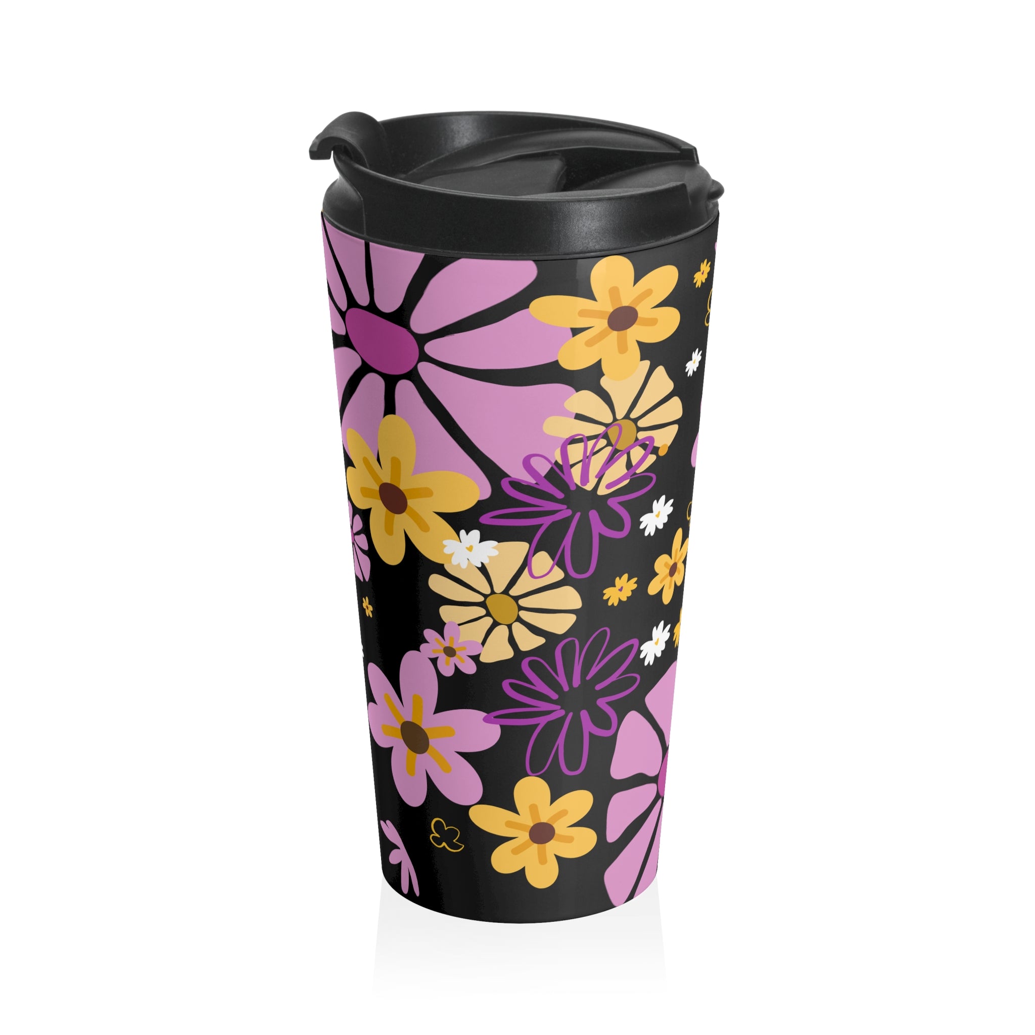 Floral Retro Stainless Steel Travel Mug – Pink & Yellow Daisies on Black