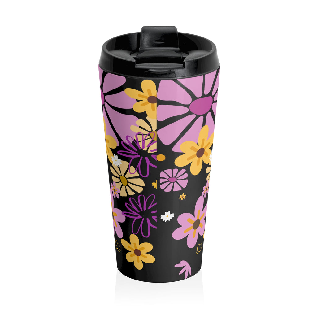 Floral Retro Stainless Steel Travel Mug – Pink & Yellow Daisies on Black