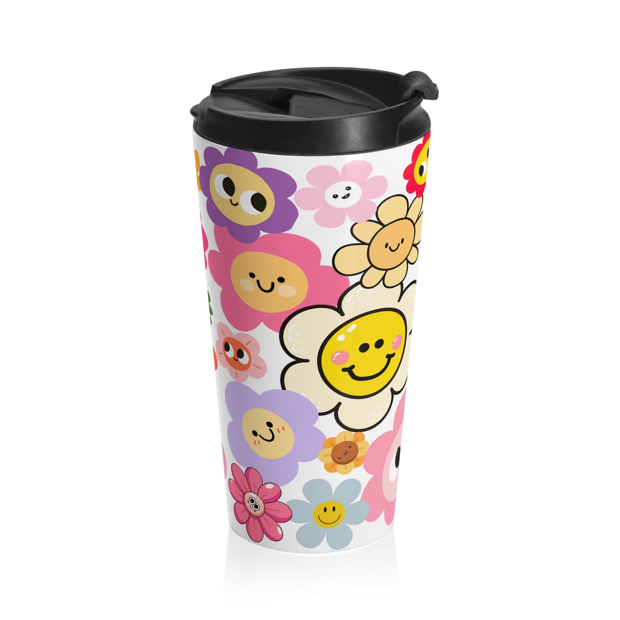 Happy Flower Faces Stainless Steel Travel Mug — Colorful Cute Floral Tumbler