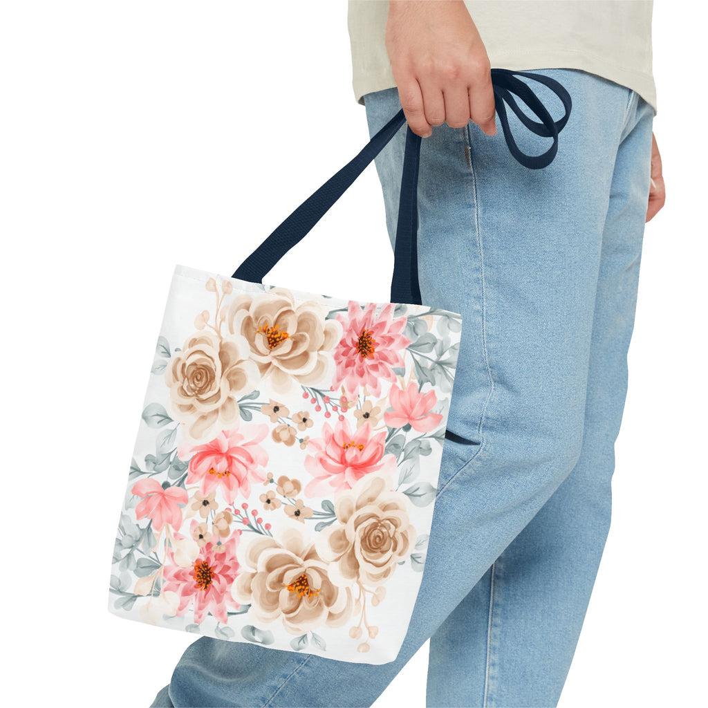 Floral Watercolor Tote Bag — Pink & Beige Garden Roses All-Over Print