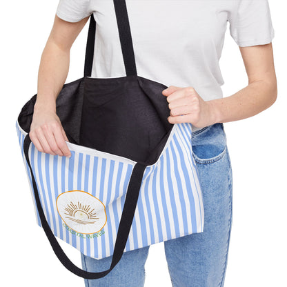 Weekender Tote Bag — Blue Striped Beach Tote with Sunrise Emblem