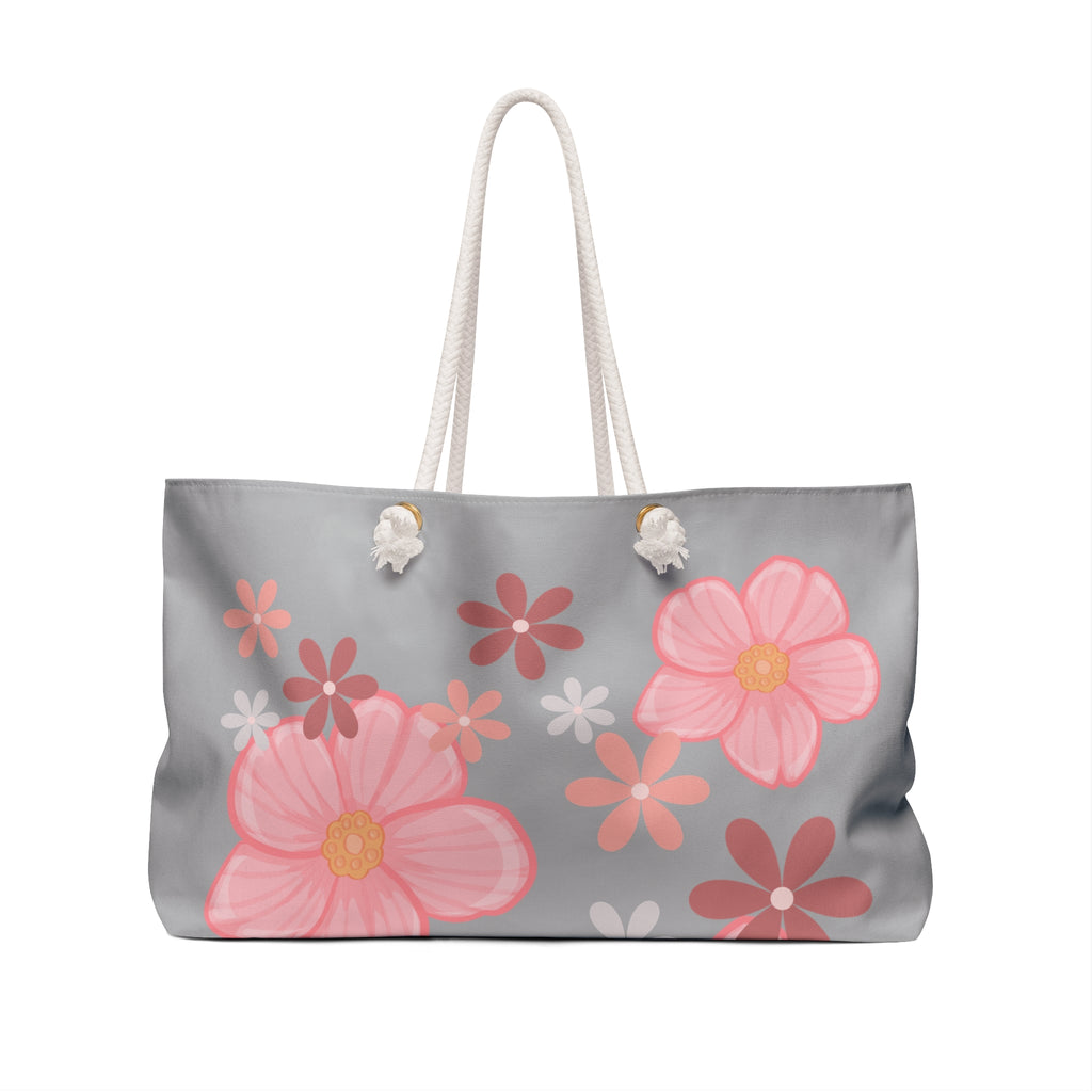 Floral Pink Garden Weekender Bag — Large Grey Tote with Pink Flower Print