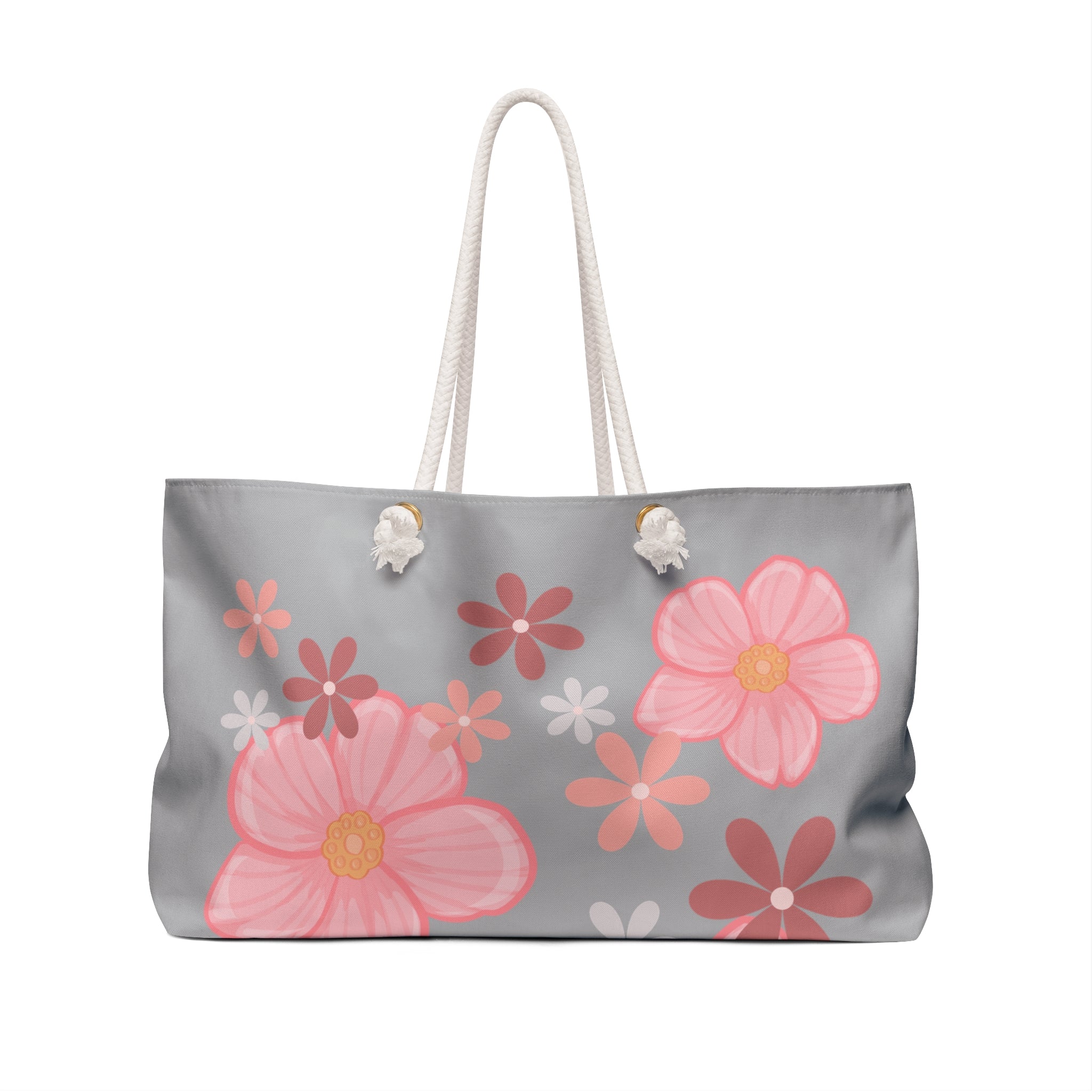 Floral Pink Garden Weekender Bag — Large Grey Tote with Pink Flower Print