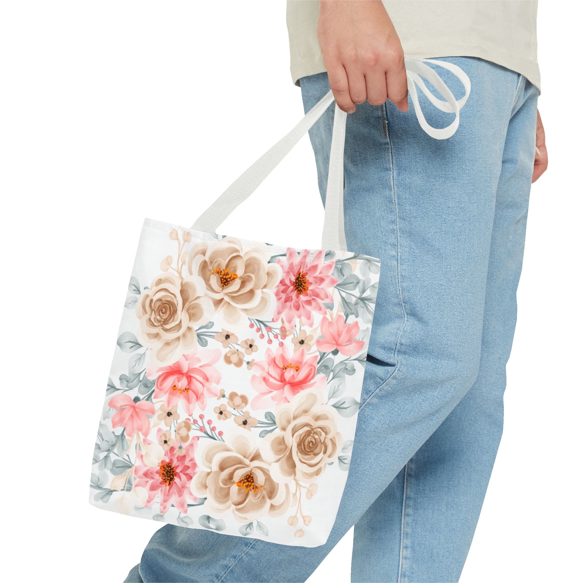 Floral Watercolor Tote Bag — Pink & Beige Garden Roses All-Over Print