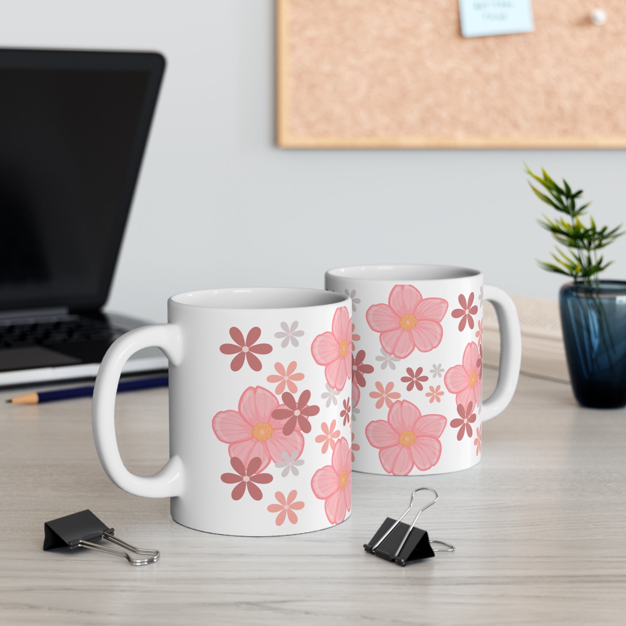 Pink Floral Ceramic Coffee Mug — Cute Flower Pattern, 11oz & 15oz