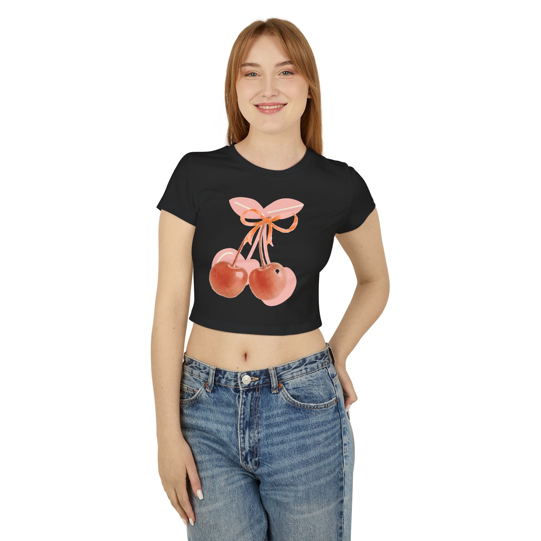 Cherry Bow Crop Tee — Cute Pink Watercolor Fruit Graphic Women's Baby Tee