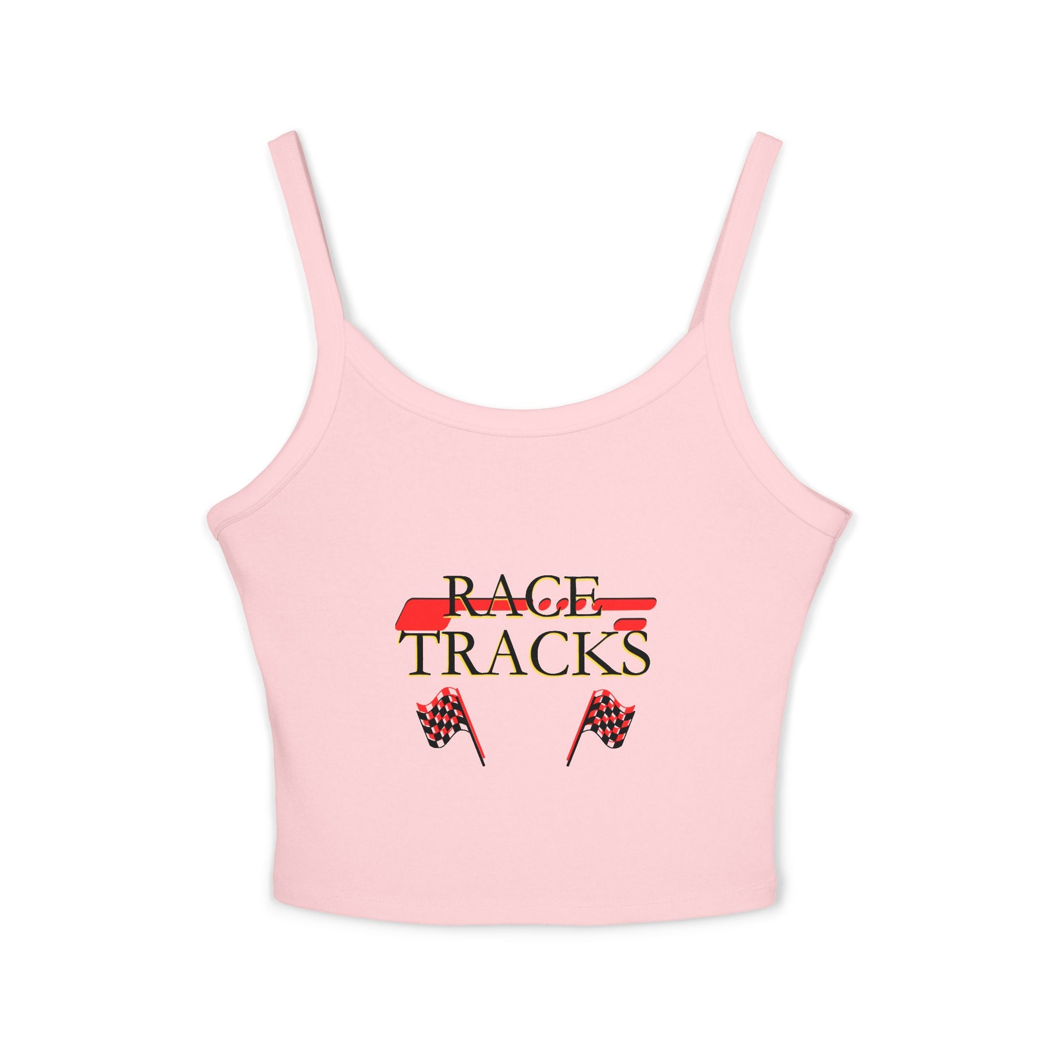 Race Tracks Crop Tank Top — Racing Flag Graphic Womens Spaghetti Strap Tank