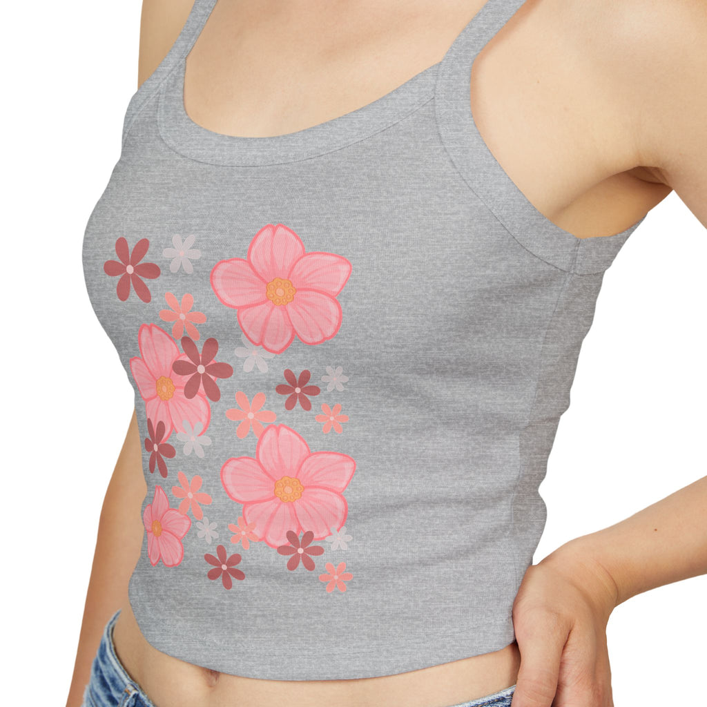 Floral Bloom Spaghetti Strap Tank — Pink Retro Flower Graphic