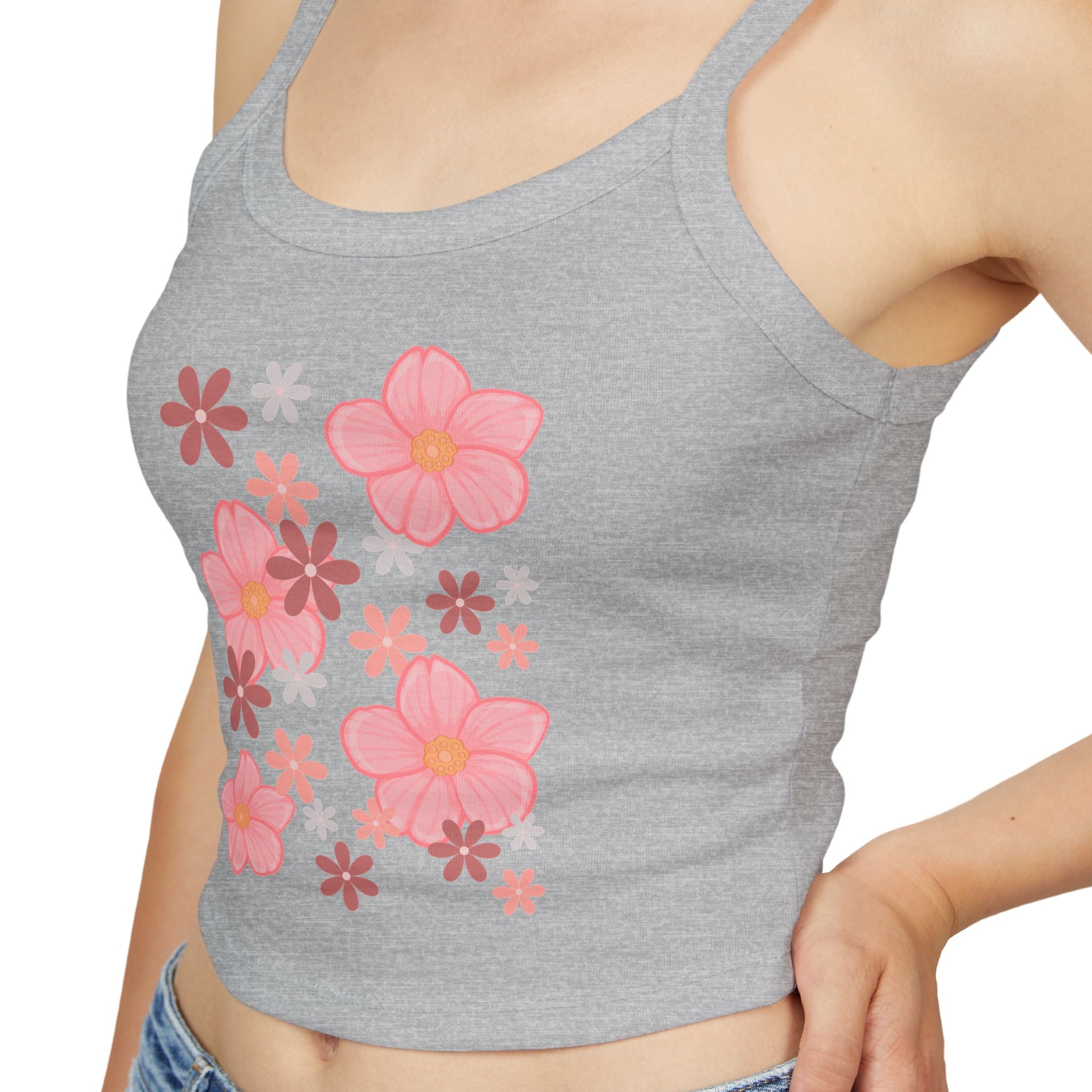 Floral Bloom Spaghetti Strap Tank — Pink Retro Flower Graphic