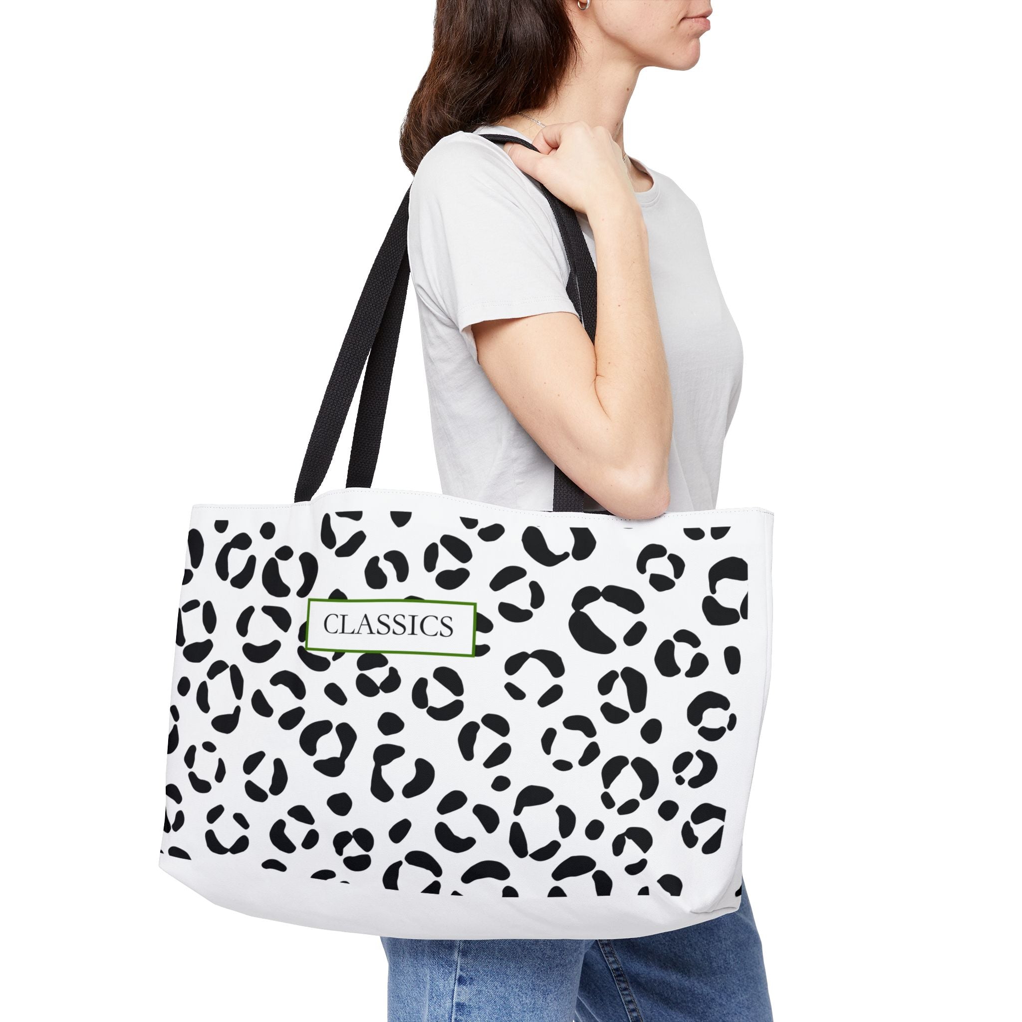 Classic Leopard Weekender Tote Bag — Black & White Animal Print Travel Bag