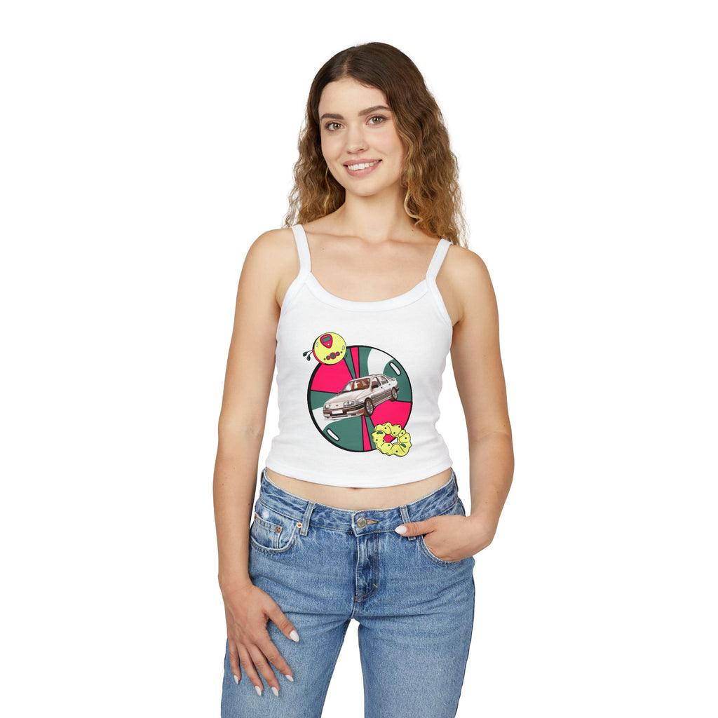 Retro Car Crop Tank Top — Vintage Sedan Graphic Spaghetti Strap Top
