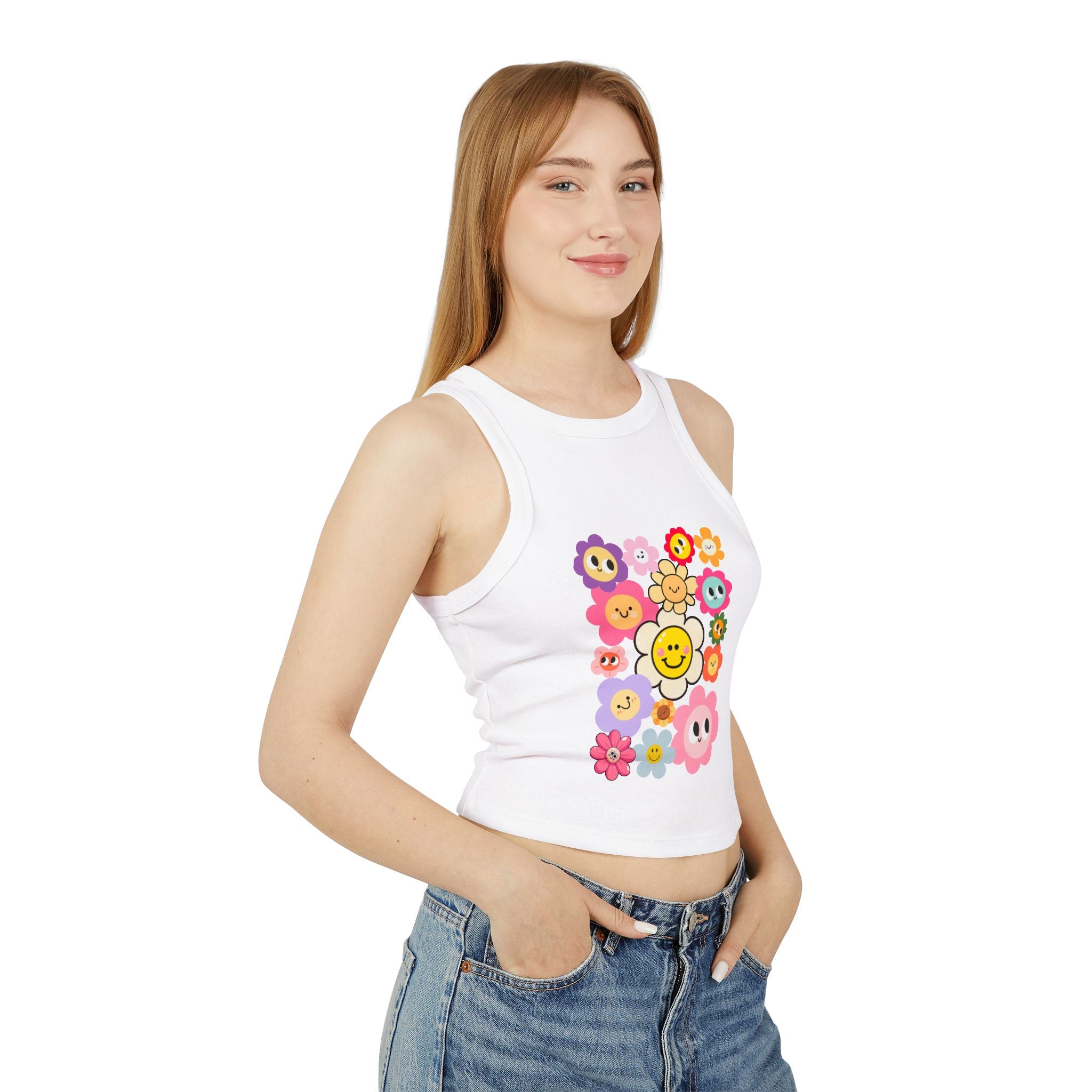 Smiley Flower Crop Tank — Cute Floral Smiley Graphic Racerback Tank