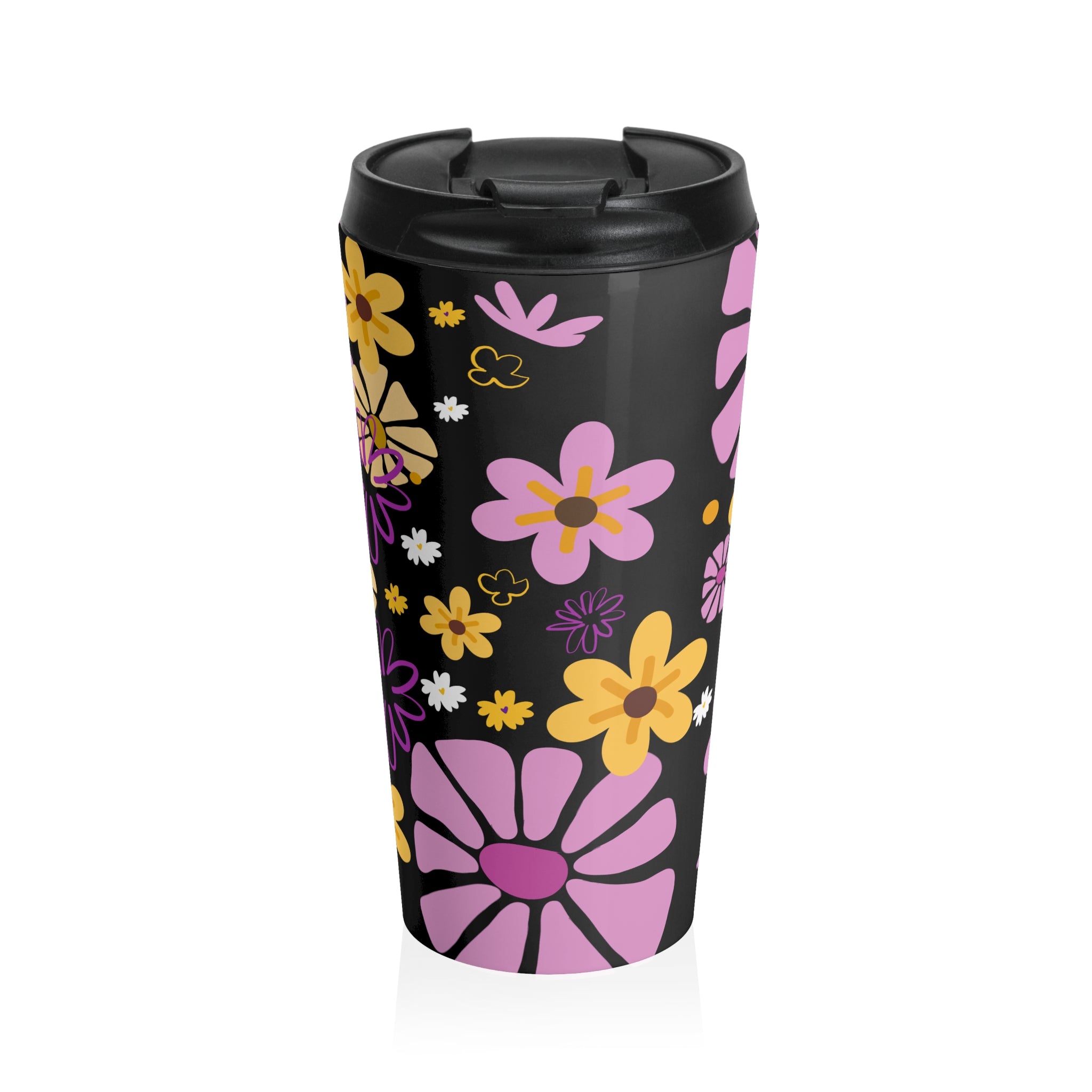 Floral Retro Stainless Steel Travel Mug – Pink & Yellow Daisies on Black