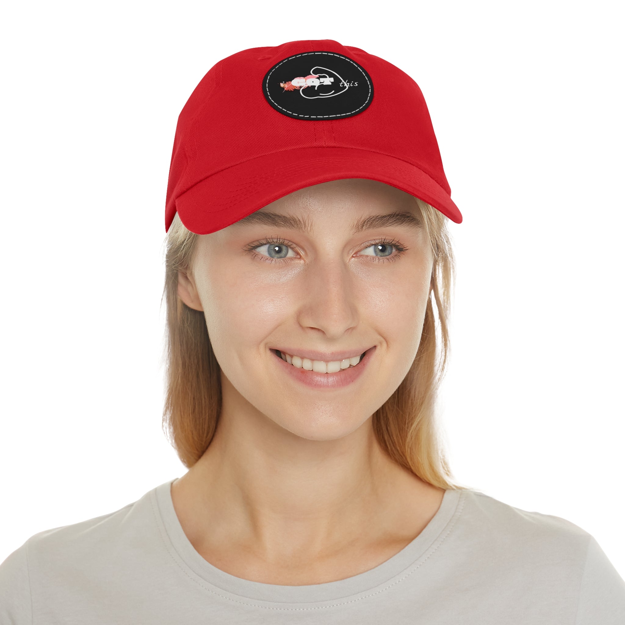 White Dad Hat with Round Leather Patch - Blue Abstract Fish Design