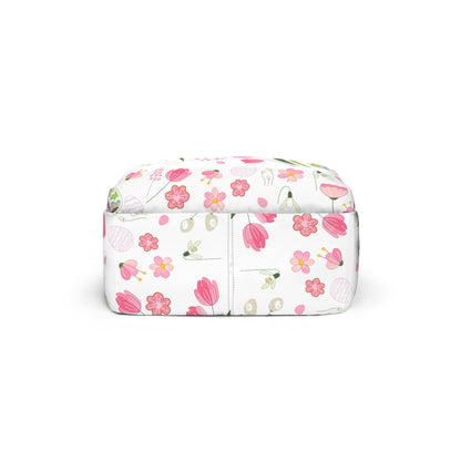 Spring Floral Bird Backpack — Cute Pink Tulip & Easter Egg Pattern