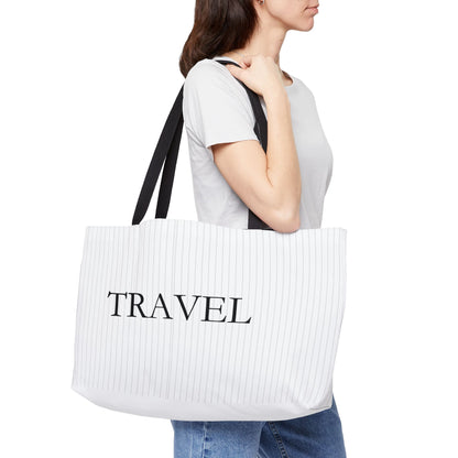 Travel Weekender Tote Bag — Striped Carryall with "TRAVEL" Script