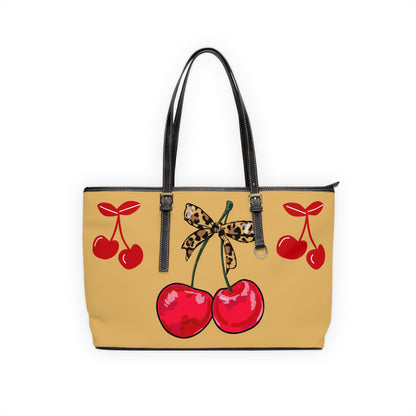 Cherry Bow PU Shoulder Bag – Retro Red Cherries with Leopard Bow Tote