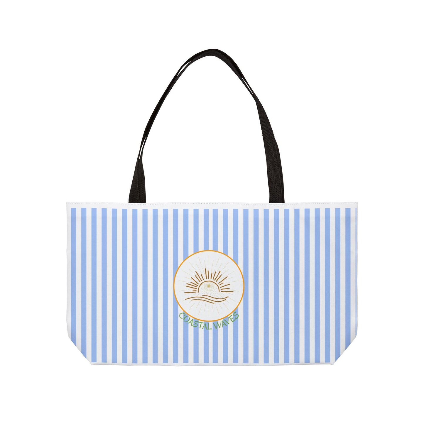 Weekender Tote Bag — Blue Striped Beach Tote with Sunrise Emblem