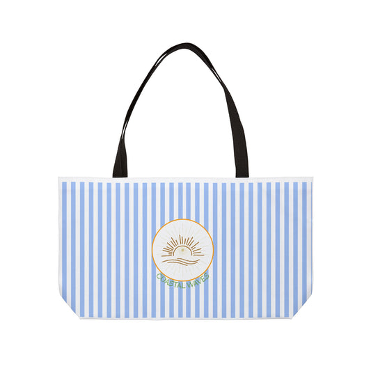 Weekender Tote Bag — Blue Striped Beach Tote with Sunrise Emblem