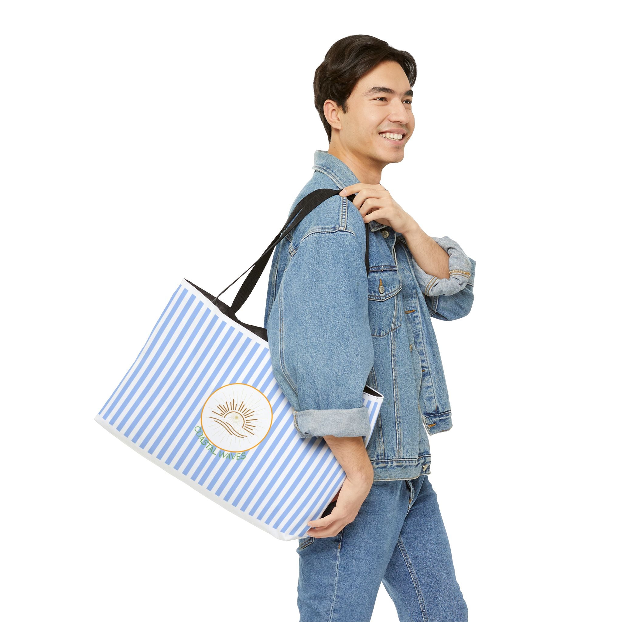 Weekender Tote Bag — Blue Striped Beach Tote with Sunrise Emblem
