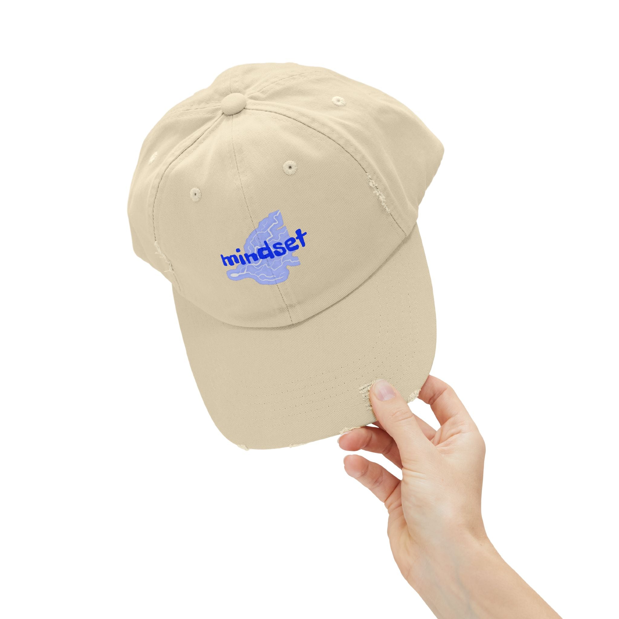 Mindset Distressed Baseball Cap – Washed Vintage Dad Hat with Blue Brain Graphic