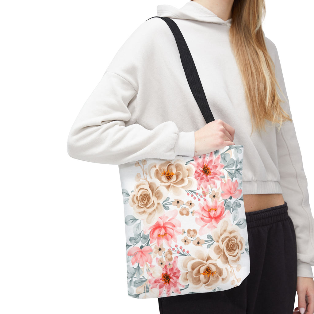 Floral Watercolor Tote Bag — Pink & Beige Garden Roses All-Over Print