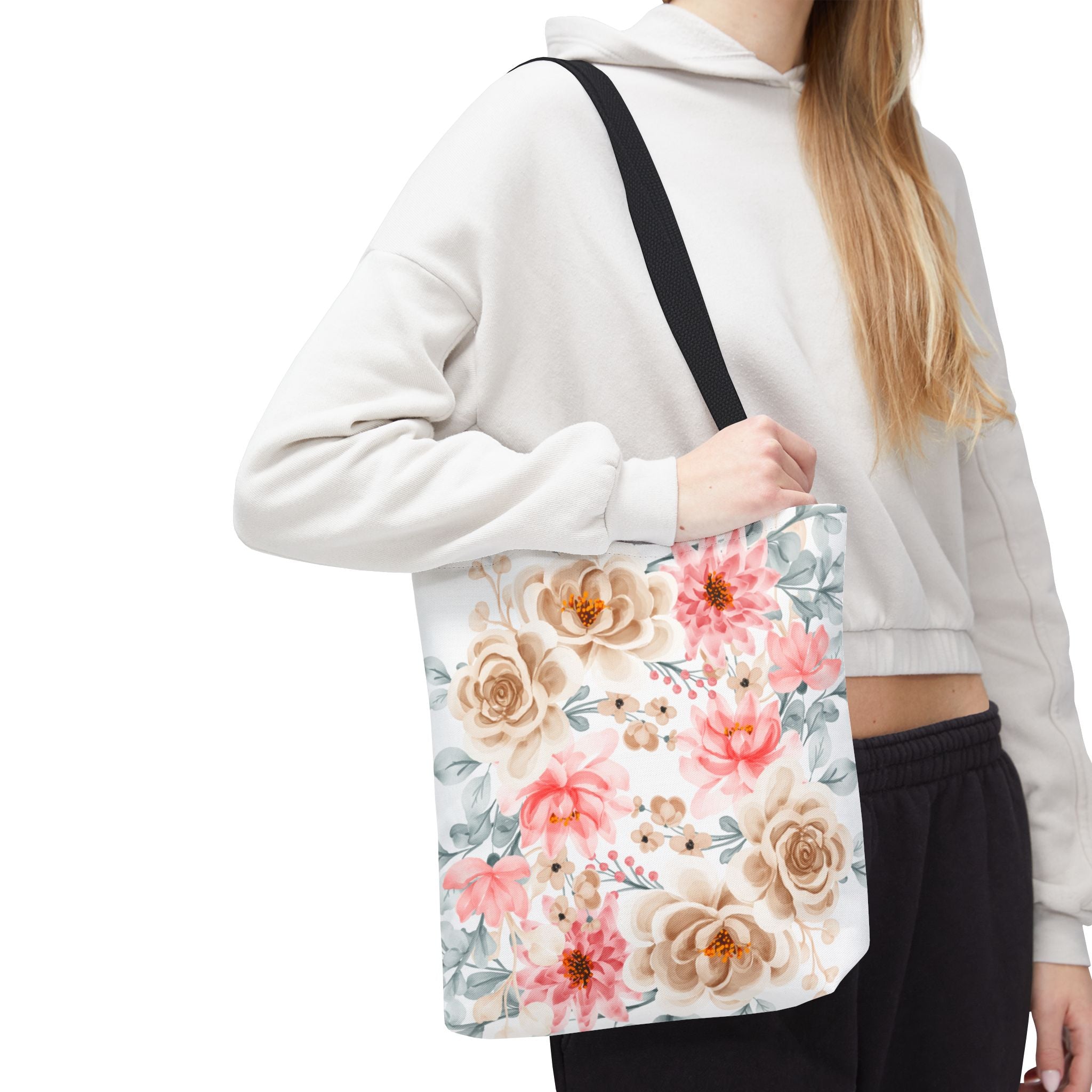 Floral Watercolor Tote Bag — Pink & Beige Garden Roses All-Over Print
