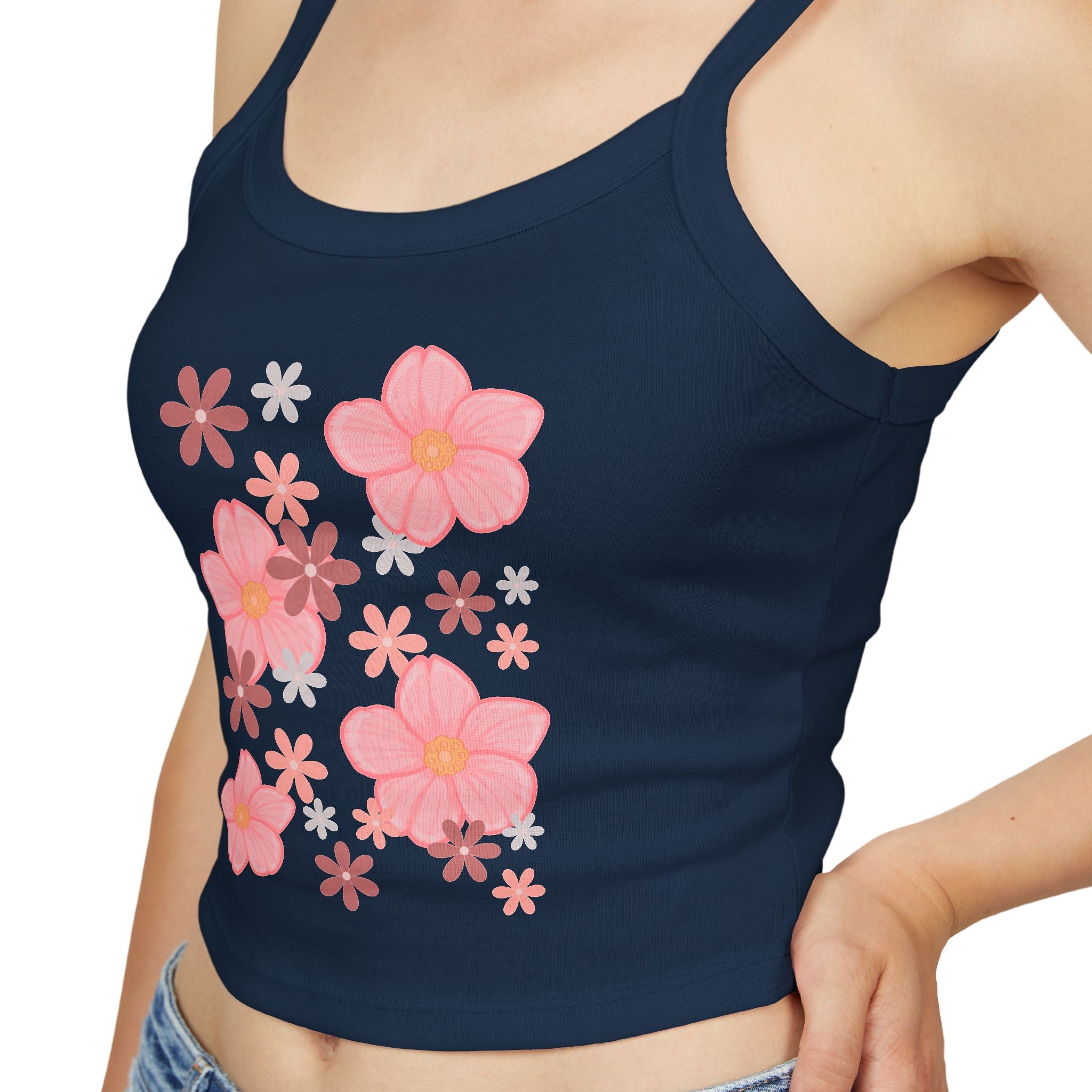 Floral Bloom Spaghetti Strap Tank — Pink Retro Flower Graphic