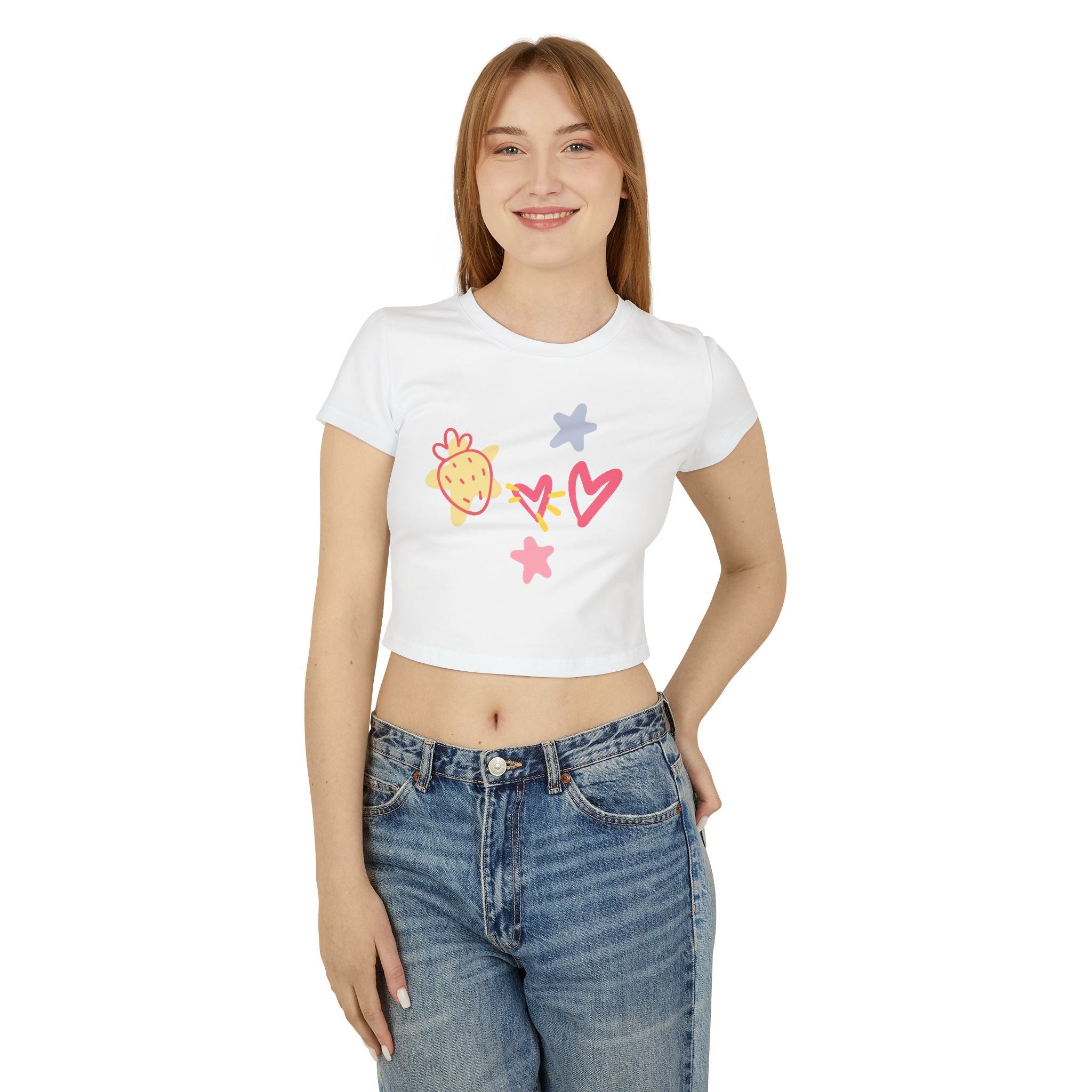 Cute Doodle Hearts & Pineapple Crop Tee — Women's Baby Tee