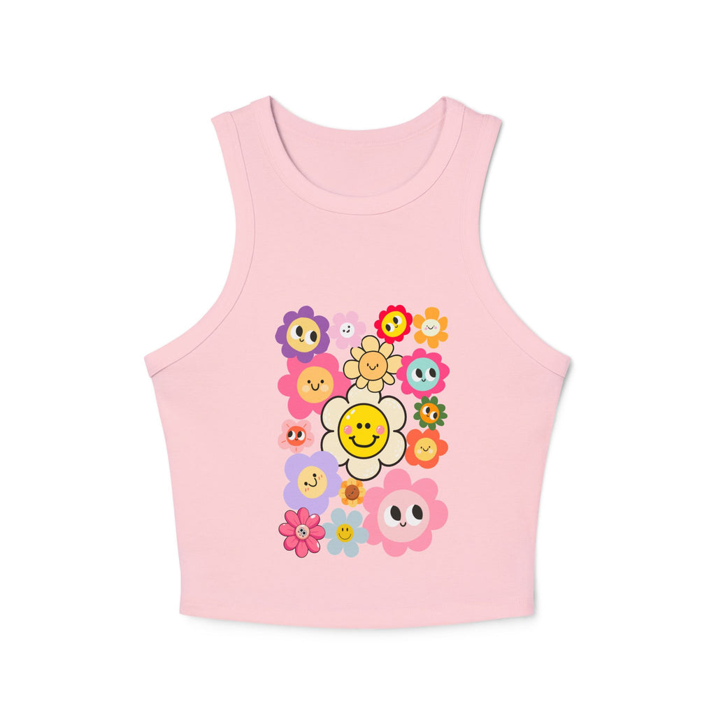 Smiley Flower Crop Tank — Cute Floral Smiley Graphic Racerback Tank