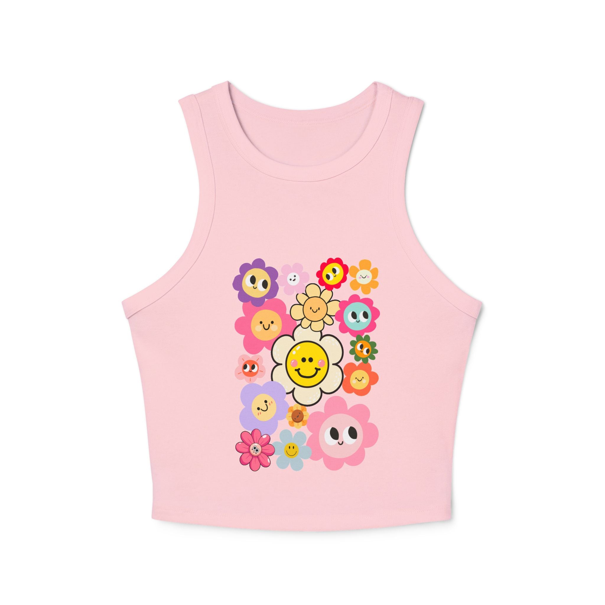 Smiley Flower Crop Tank — Cute Floral Smiley Graphic Racerback Tank