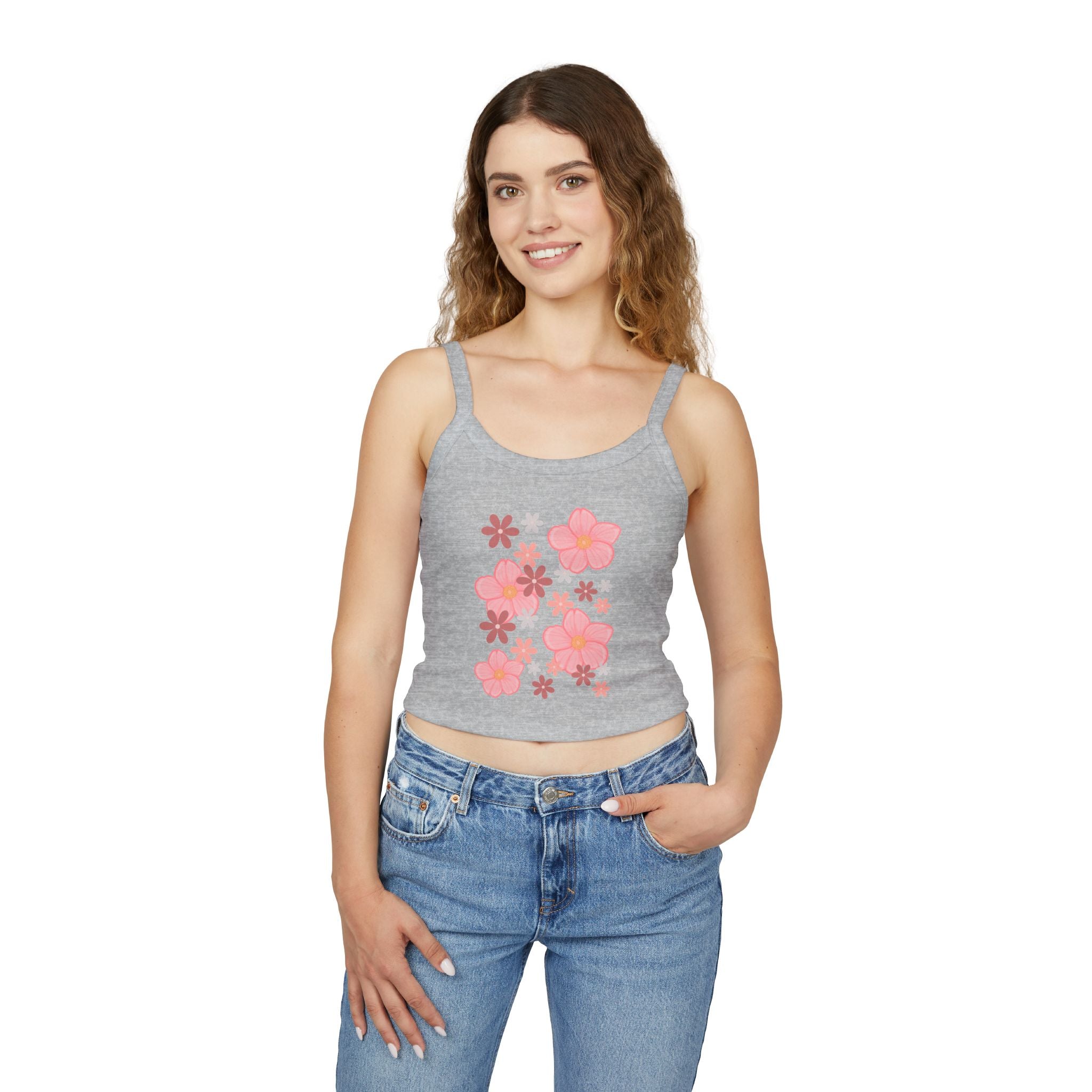 Floral Bloom Spaghetti Strap Tank — Pink Retro Flower Graphic