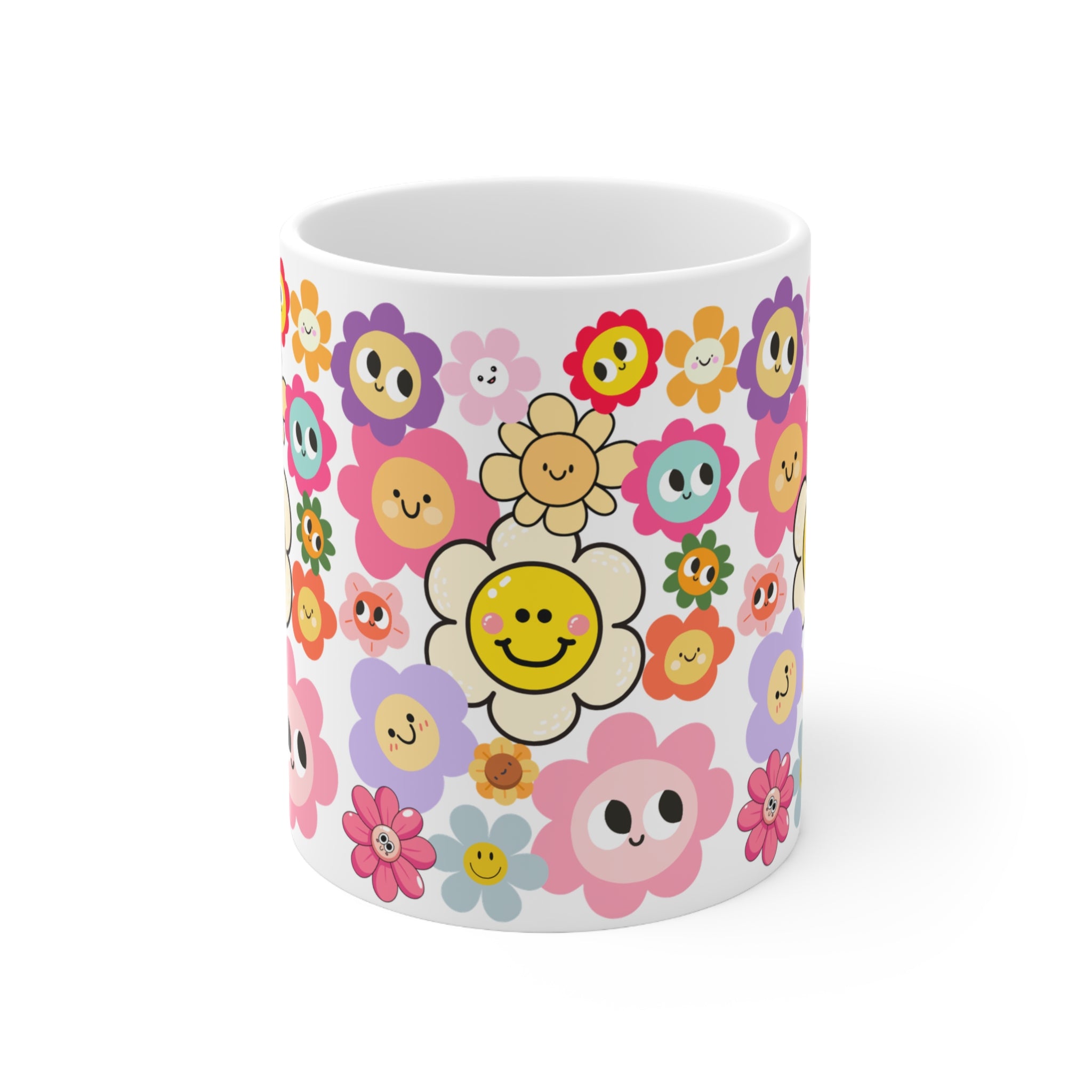 Happy Daisy Floral Coffee Mug — Cute Smiley Flower Pattern (11oz & 15oz)