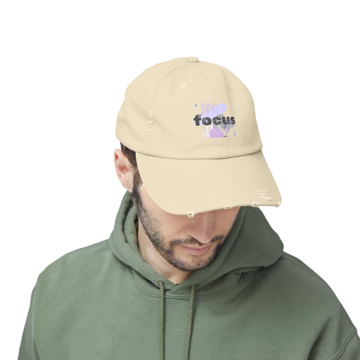 Focus Distressed Cap — Retro Pastel Graphic Baseball Hat