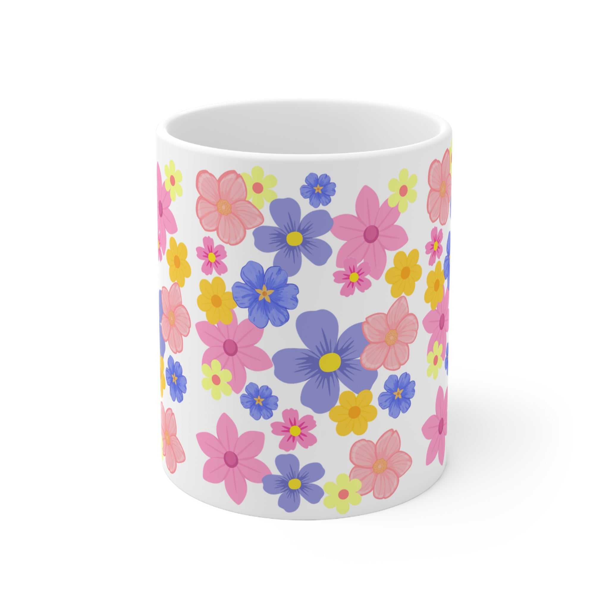 Floral Pattern Ceramic Mug — Colorful Spring Flowers Coffee Cup (11oz & 15oz)