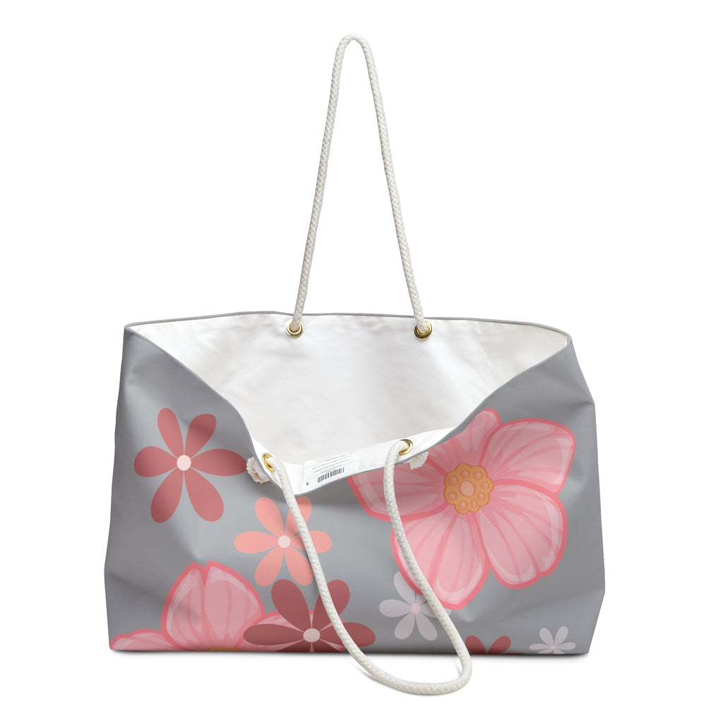 Floral Pink Garden Weekender Bag — Large Grey Tote with Pink Flower Print